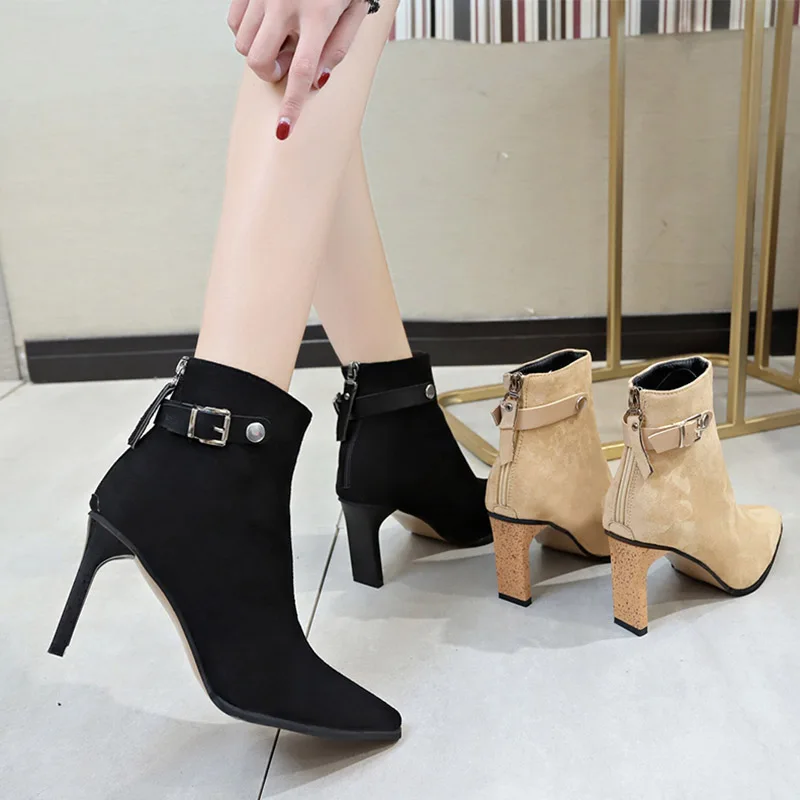 Pointed Toe suede ankle boots women elegant booties winter buckle strap ...