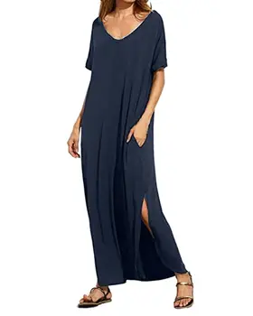 

Women Summer Solid Shirt Dress Casual Sexy V-Ne ck Short Sleeve Pockets High Split Dresses Ladies Long Maxi Party Vestidos Mujer