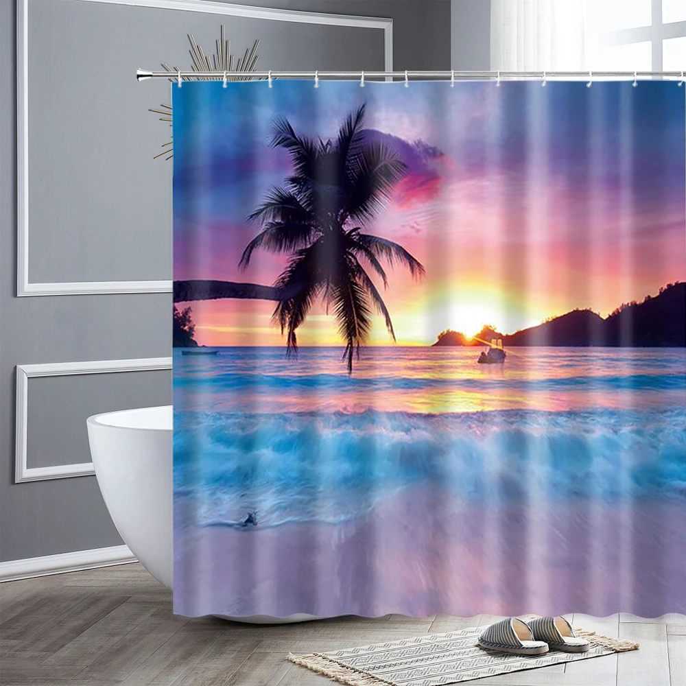 Ocean Landscape Shower Curtain, Sunset Over Sea Polyester Fabric