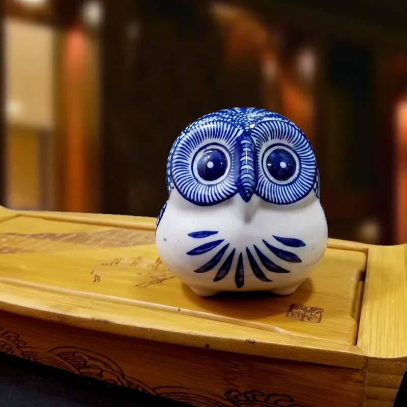 Antiques Blue and White Porcelain Owl StatueTable decoration For Home Imitation Animal Ceramic Decoration | Дом и сад