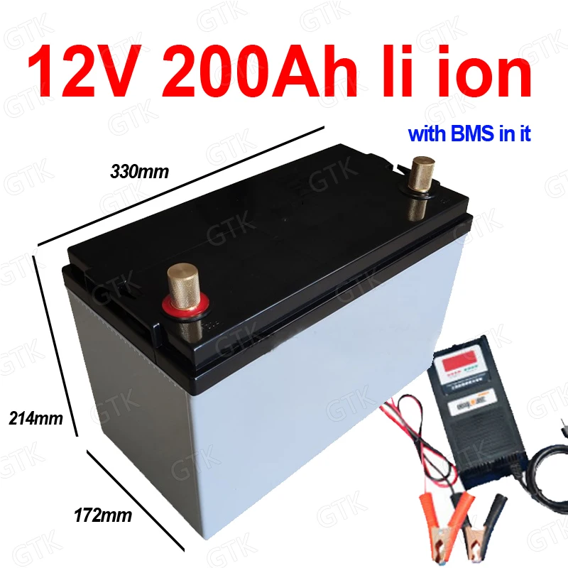 

waterproof 12v 200Ah lithium ion battery 200Ah li ion with BMS for RV UPS inverter solar stem power supply cart + 10A Charger