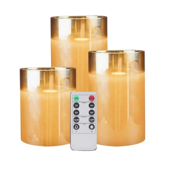 

Amber Glass LED Flameless Candles Flickering with Remote,Battery Operated,For Wedding,Festival Decorations,Gift,3 Pack