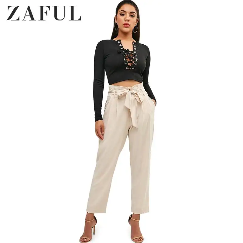 ZAFUL Belted High Waisted Pockets Straight Pants Pockets Zipper Fly Office Lady Casual Pant Solid High Waist Bottom Femme 2022