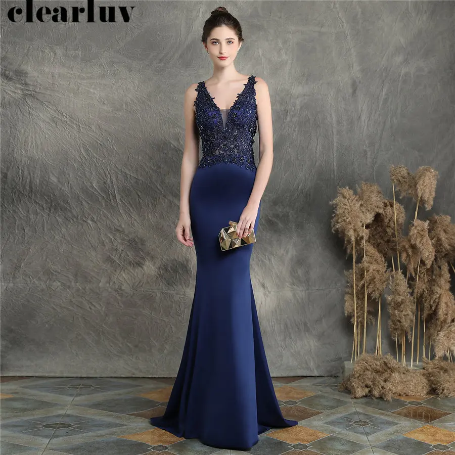 

Small Trailing Prom Gowns Navy Blue Backless Women Party Dress DX257-4 2019 Plus Size Robe De Soiree Appliques Evening Dresses