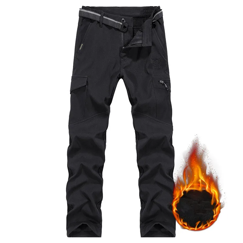 Black Fleece Зимние толстые теплые Стрейчевые брюки для мужчин, кожа акулы, повседневные брюки с несколькими карманами, мягкие водонепроницаемые военные брюки-карго из флиса - Цвет: Black Fleece
