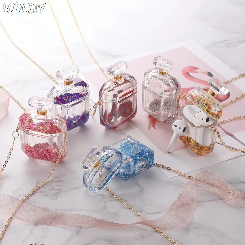 

Fashion Genuine perfume bottle Box metal Shoulder strap for Airpods Liquid quicksand case for Airpods 1 2 Transparent glass
