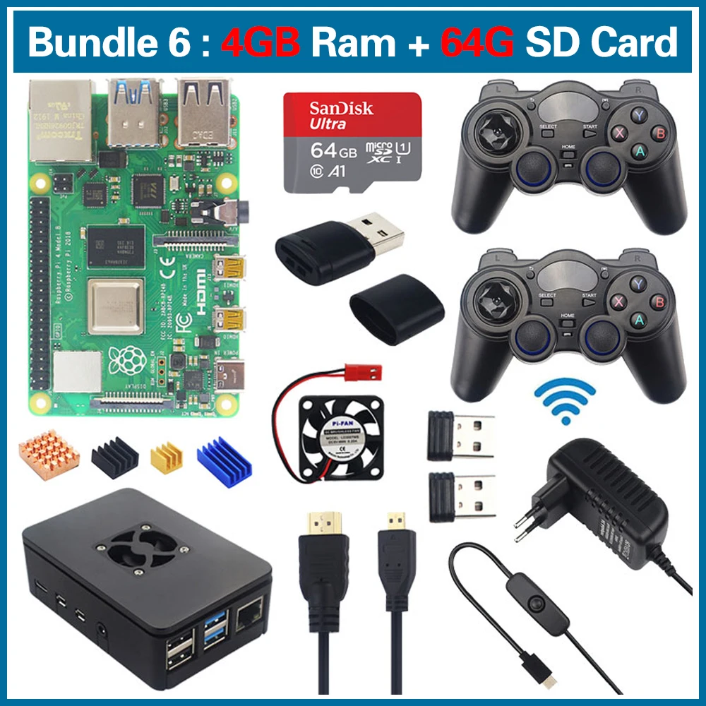 Bundle 6 S Робот Raspberry Pi 4 Модель B игровой комплект Ram1/2/4 GB 2,4G Беспроводной игровые+ 64G 32G SD карта+ вентилятор+ Micro HDMI RPI3 - Цвет: Bundle 6