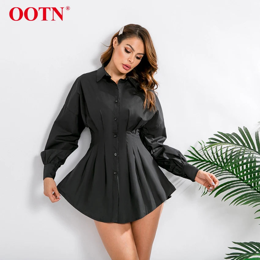 OOTN отложной воротник офисная рубашка платье дамы фонарь с длинным рукавом