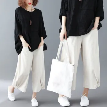 

2019 Summer Casual Pocket Elastic Waist Wide Leg Trousers Wide Leg Pants Casual Women Ankle Length Cotton Linen Loose Pants