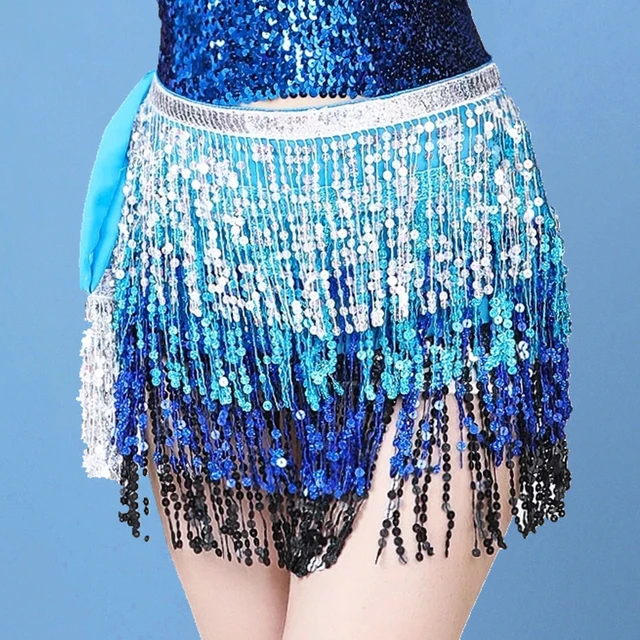 17 Colors Women Bellydance Clothing Accessories Tassel Belts 4 Rows Strips Rectangle Belly Dance Hip Scarf Sequins Fringes Belt silver blue