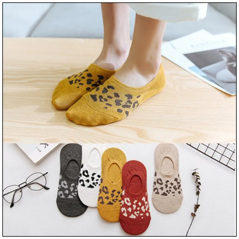 5Pair/lot=10pieces Summer Leopard Female Invisible Socks Thin Section Silicone Non-Slip Fashion Ladies Cotton Socks