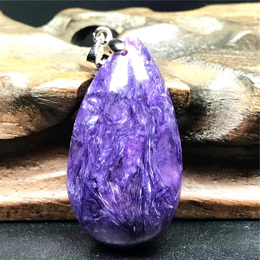 

Top Natural Purple Charoite Pendant Jewelry For Woman Man Love Gift Crystal 34x19x9mm Water Drop Beads Silver Gemstone AAAAA
