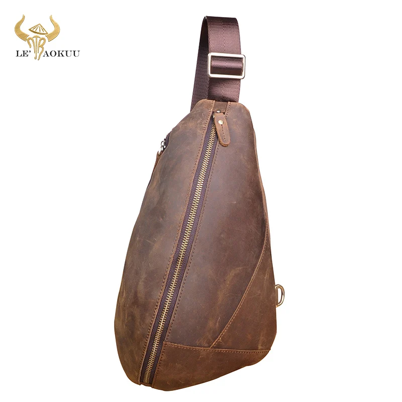 

Trend Crazy Horse Leather Men Casual Fashion Travel Triangle Chest Sling Bag Design 7" Tablet One Shoulder Bag Daypack Male 5059