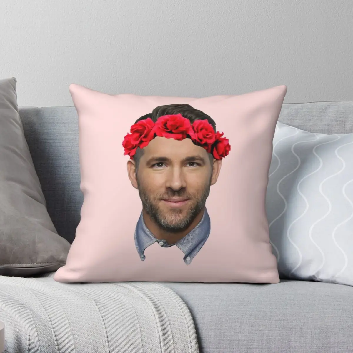 RyanReynoldsFlowerCrownPillowcasePolyesterLinenVelvetCreativeZipDecorThrowPillow