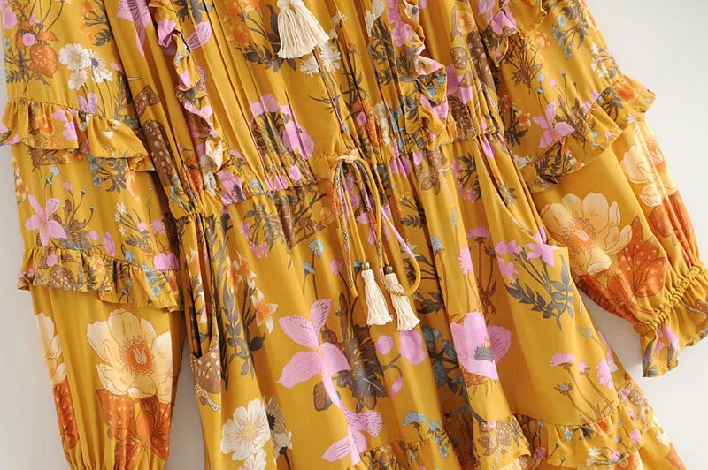 Винтажное шикарное женское платье с цветочным принтом, длинным рукавом, v-образным вырезом и оборками, Пляжное богемное платье с кисточками, вискозное мини платье в стиле бохо, vestidos