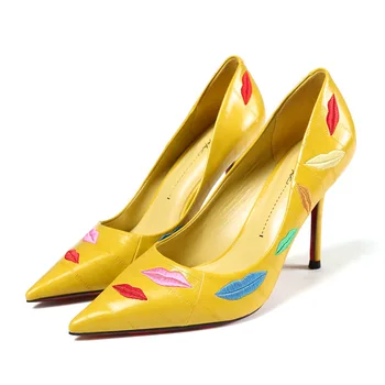 

Women Pumps 2020 style Spring autumn Plum with Sexy lips printing High heels Sharp pointed shallow single shoes