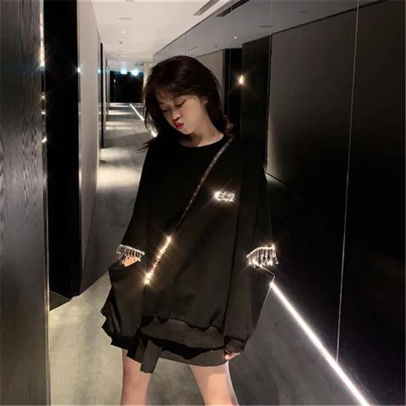 Корейские модные женские толстовки с кристаллами инкрустированные повседневные топы, толстовка, свитер женский модный черный свитер толстовка с длинными рукавами - Цвет: 1