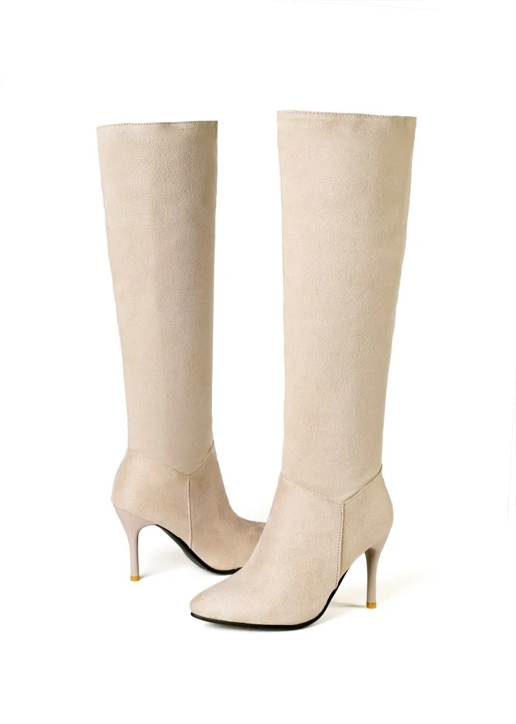 Classic Flock Pointed Toe Autumn Winter Boots Plus Size 33-46 Knee High Boots Women Sexy Thin High Heels Shoes Woman MAZIAO