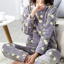 2021 Winter Flannel Thicken Pajamas Set For Women Long Sleeve + Long Pants Casual Loose Warm Soft Sleepwear Loungewear 2Pcs Pjs