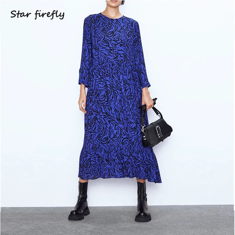 Star firefly autumn new fashion Za dress women casual elegant round neck loose animal print draped long dress female