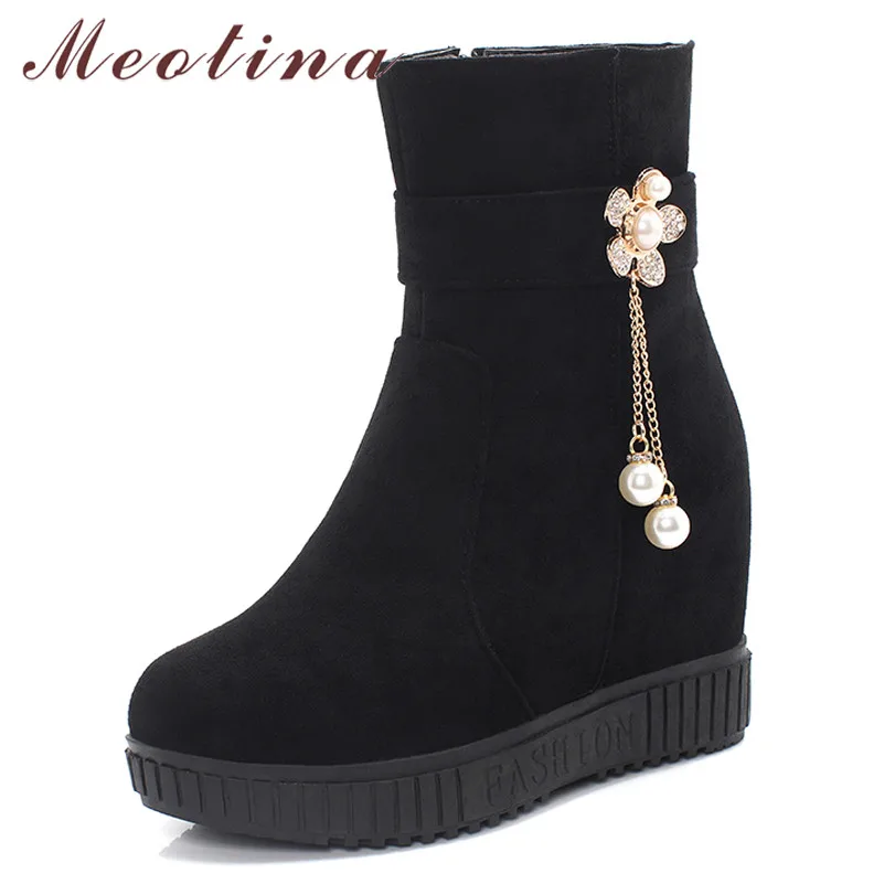 

Meotina Autumn Ankle Boots Women Crystal Height Increasing High Heel Short Boots Pearl Zipper Shoes Ladies Winter Big Size 33-43