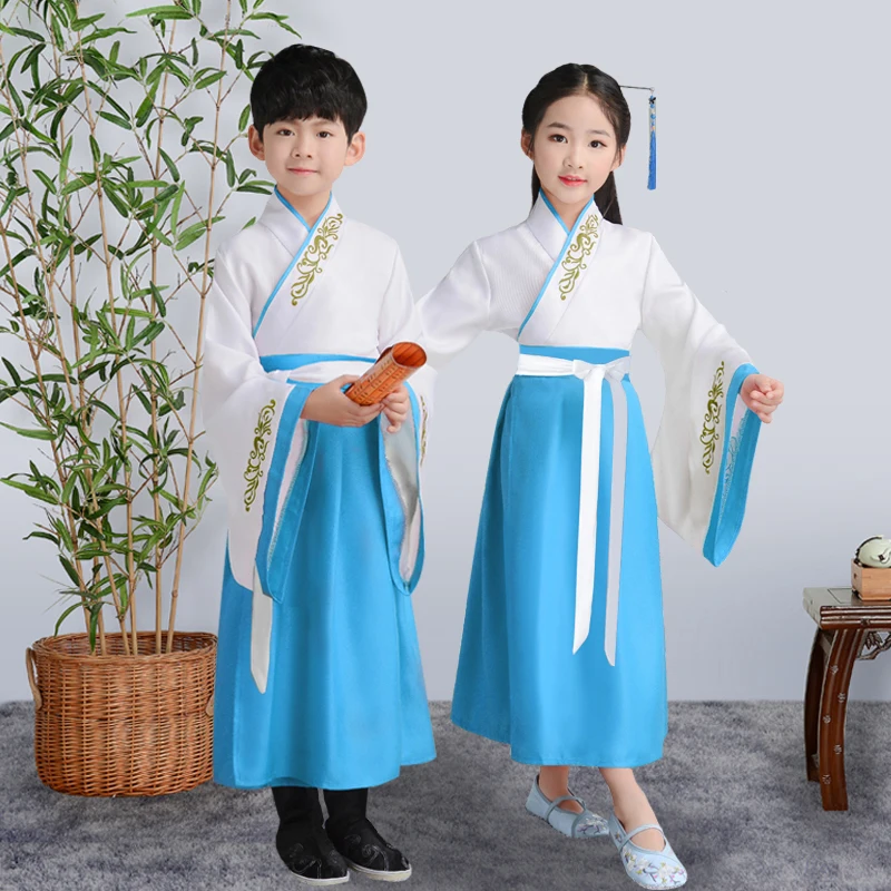 Древний китайский костюм; детское платье Hanfu; одежда для народных танцев; Традиционное китайское платье для мальчиков и девочек