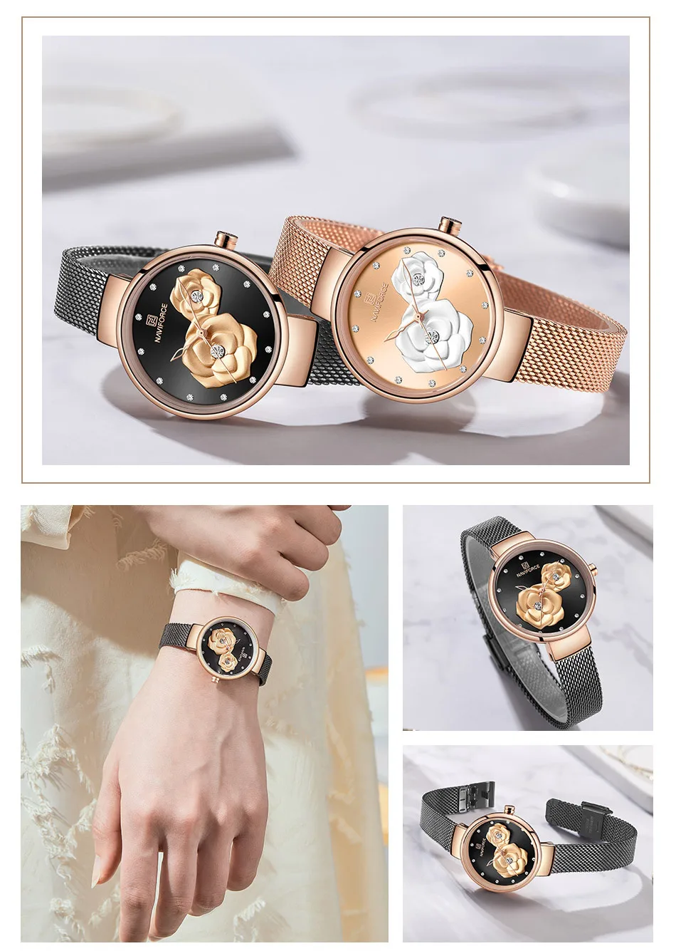 NAVIFORCE, роскошные женские часы Rosegold, 3D цветок, кварцевые часы, Дамская мода, наручные часы, женские водонепроницаемые часы