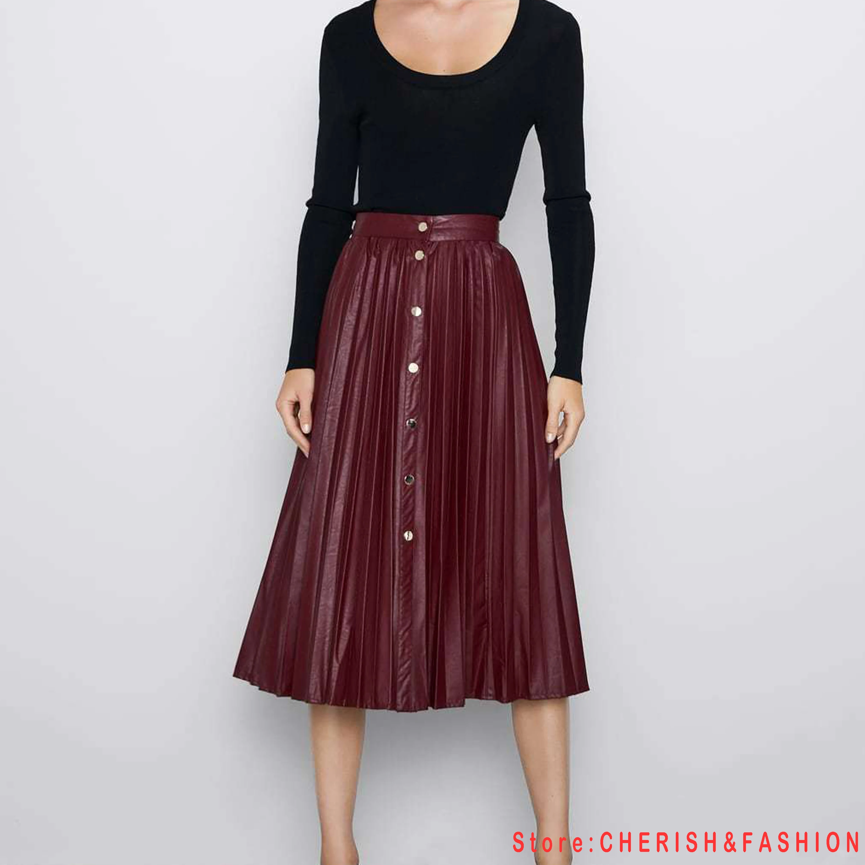 faux leather midi skirt red