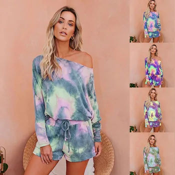 

Casual Two Pieces Tie Dye Women Set T-shirt and Shorts Fitness Long Sleeve Female Suits