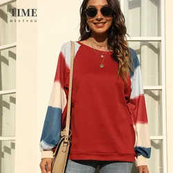 Camisetas de algodón con costura informal para mujer, jersey de manga larga, blusa de arcoíris, Tops Vintage, ropa de calle de otoño
