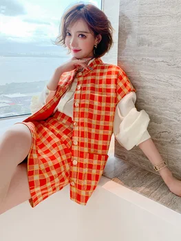 

Contrasting Vintage Plaid Single-Breasted Vest + High Waist Slimming A- line Overskirt Suit, Female 2020 New in Early Autumn