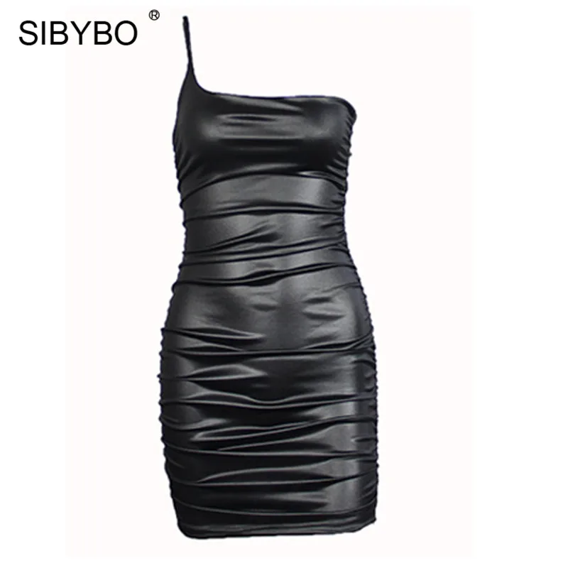 SIBYBO, сексуальное женское платье из искусственной кожи на одно плечо, без рукавов, плиссированное, мини, облегающее платье, с открытой спиной, черное, Клубное, вечерние, короткое