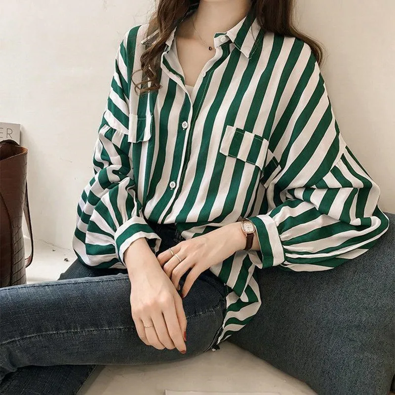 PROD 1005003329348754 STSVZORR Early Autumn Womens New 2021 Loose Large
Size Casual Striped Shirt Womens Long Sleeve Top Thin Commuter Wear