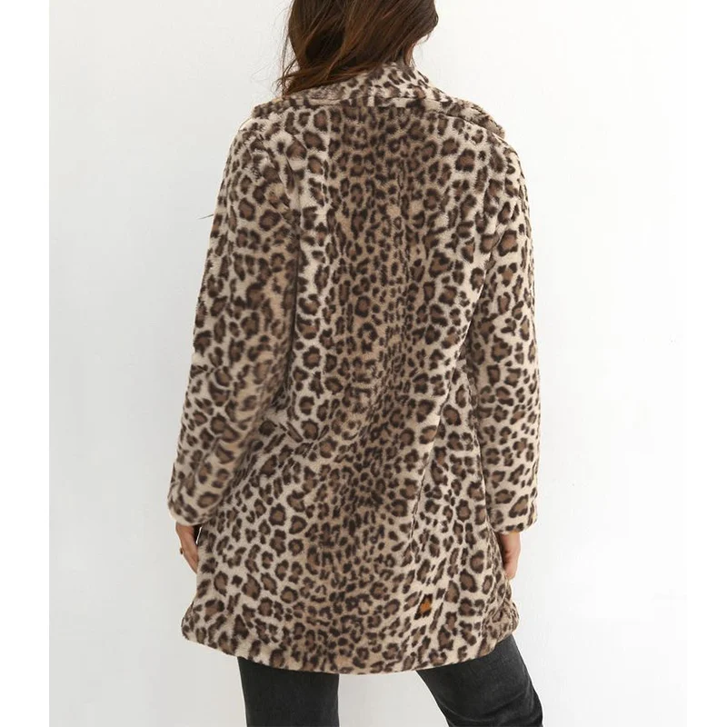 Fashion Winter Clothes Leopard Open Stitch Loose Comfortable Outerwear Casual Long Womens Jackets and Coats
