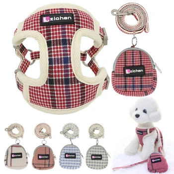 

Dog Harness Leash Vest Snack Bag Plaid Adjustable Mesh Cloth Material Cat Harness Leash Set For Medium Large Dogs Pet Supplies