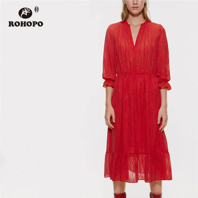 

ROHOPO Overlocked V Collar Black Polk Dot Ruffled Red Midi Dress Double Calf Layers Three Quarter Lantern Sleeve Vestido #8999