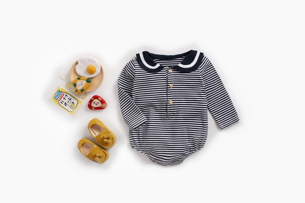 Осенне-зимняя одежда для малышей; комбинезон в полоску с длинными рукавами и темно-синим воротником для новорожденных