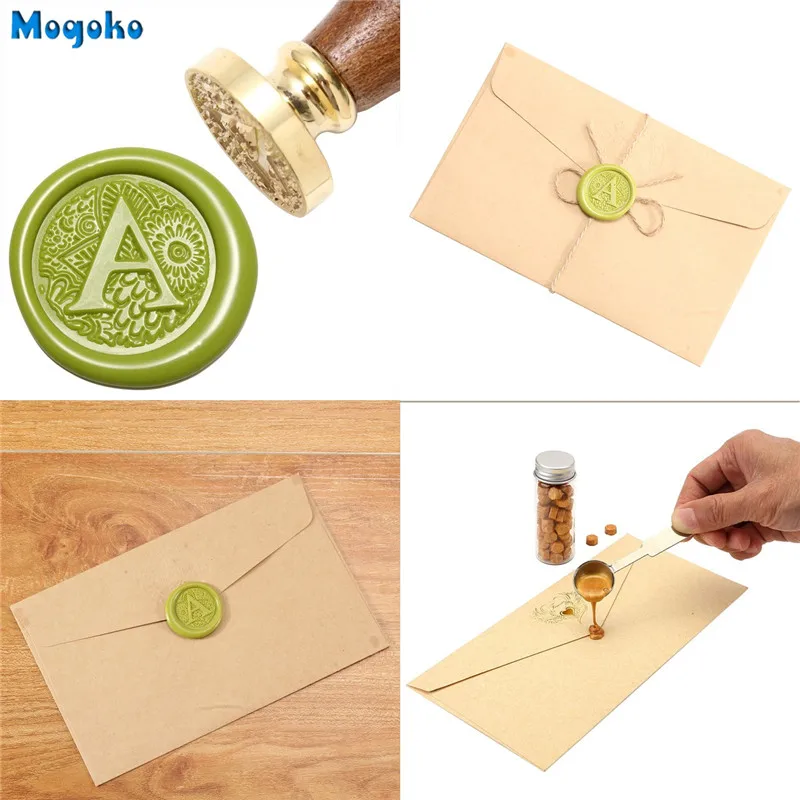 Mogoko 뜨거운 식물 시리즈 왁스 인감 스탬프 레트로 우드 클래식 씰링 왁스 스탬프 병 카드 봉투 장식 26 글자 A-Z 알파벳