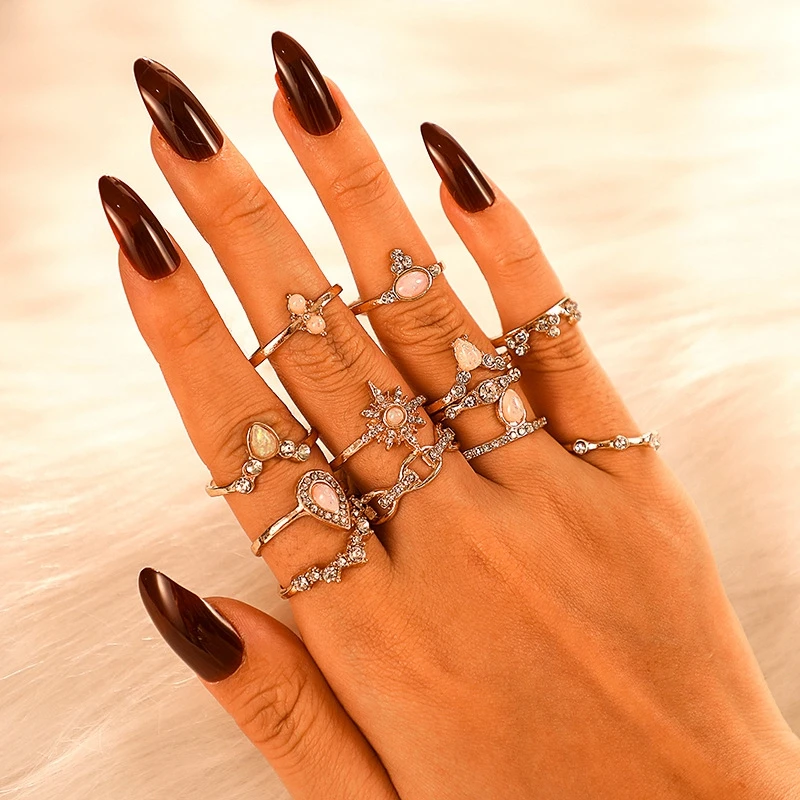 

SHUANGR 12 Pcs/set Bohemian Vintage Crown Water Drops Stars Geometric Crystal Ring Set Women Charm Joint Ring Wedding Jewelry