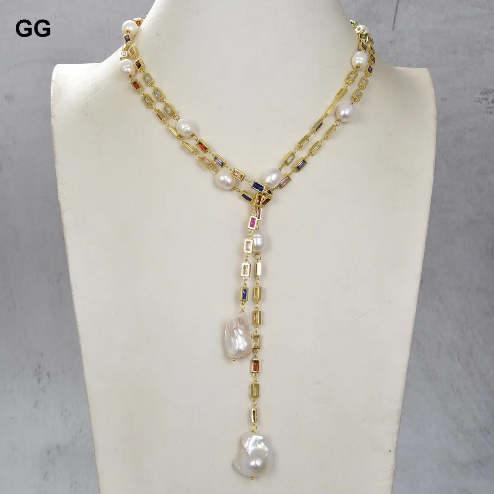 

GG Jewelry 50" Cultured White Keshi Pearl Mixed Color Rectangle Cz Pave Long Gold Plated Colorful Crystal Chain Necklace