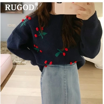 

RUGOD Korean chic cheery printed women sweater Fashion o neck long sleeve casual kintted pullovers female Vintage spring jumpers