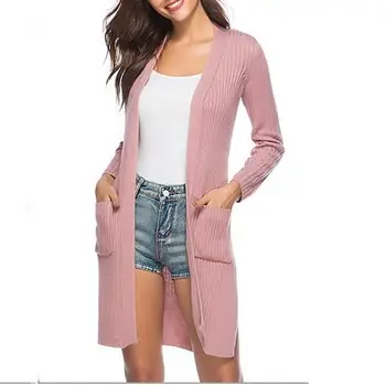 

Women Atuumn Long Sleeve Solid Cardigans Open Stitch Black Casual Long Knitted Cardigans V-Neck Slim Lace Up Pink Sweater