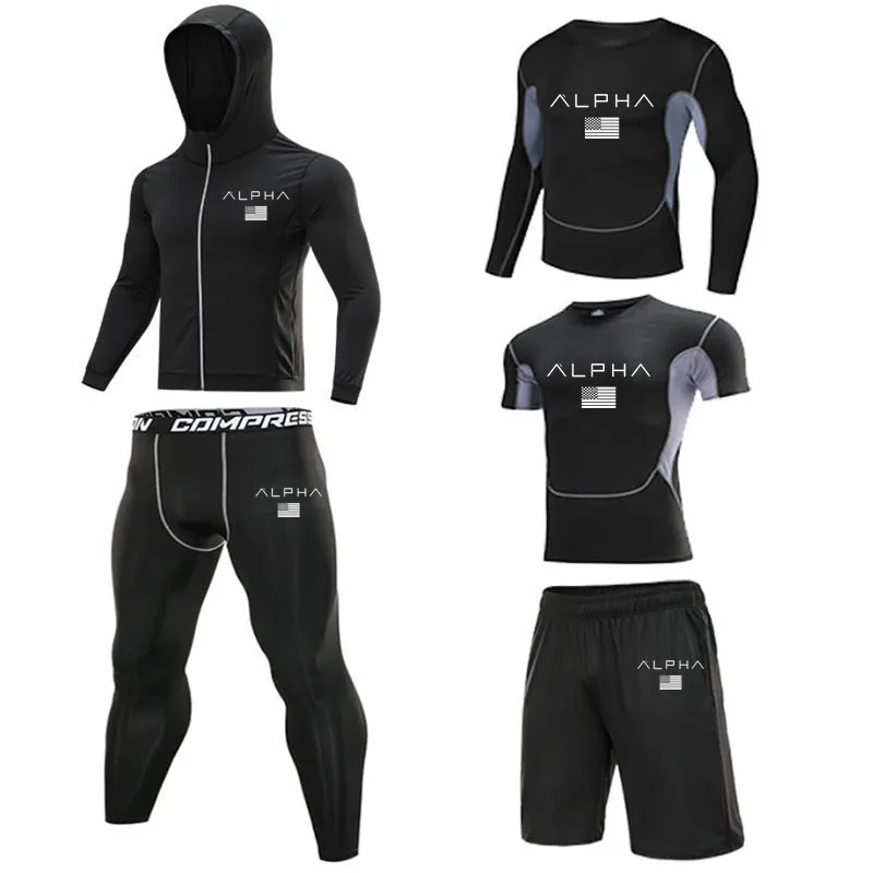 

5 Pcs/Set Men's Print Tracksuit Sports Suit Gym Fitness Compression Clothes Running Jogging Sport Wear Exercise Workout Tights