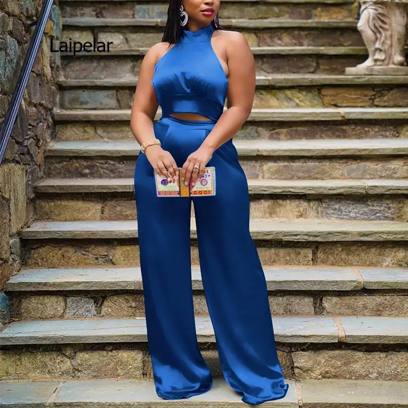 

Женские спортивные костюмы из искусственного шелка из двух предметов, короткий топ без рукавов с лямкой на шее и свободные повседневные брюки с широкими штанинами, сексуальная шелковая Женская Клубная одежда