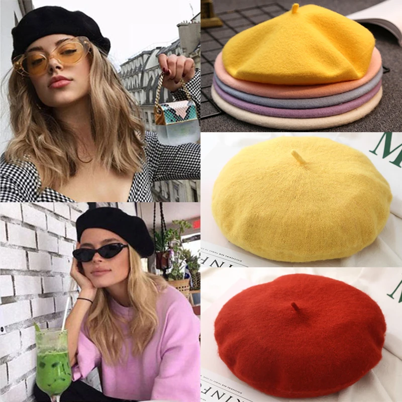 

Women Girls Beret French Artist Warm Wool Winter Beanie Hat Retro Vintage Plain Beret Solid Color Elegant Ladies Flat Top Caps