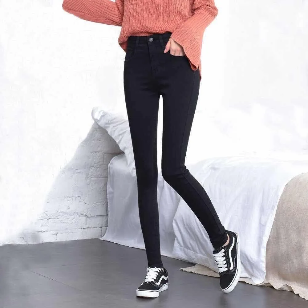 Pure Black Skinny High Waist Size Jeans Spring And Autumn New Arrival Fashion Slim-Fit Stretch Pencil Pants Lift Hips mom | Женская