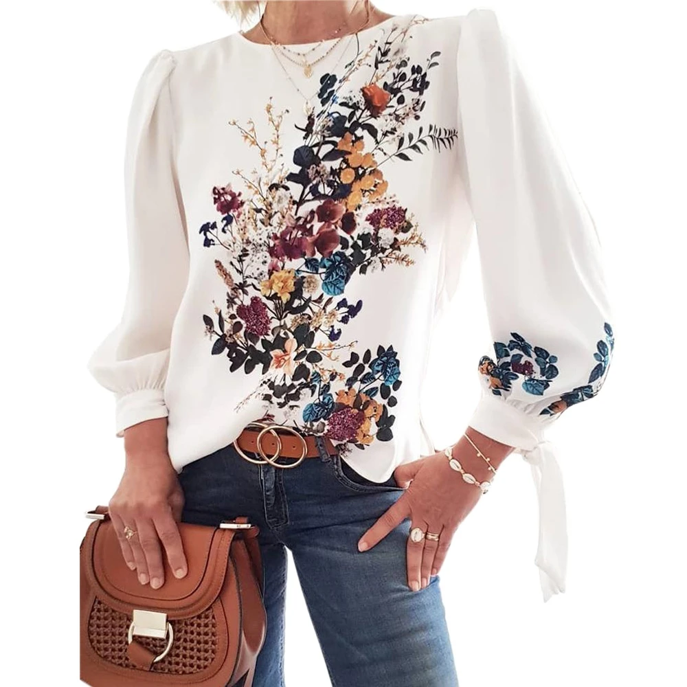 Женская блузка с цветочным принтом, блуза с длинным рукавом, Свободный пуловер, блузка, шикарные повседневные топы, рубашка