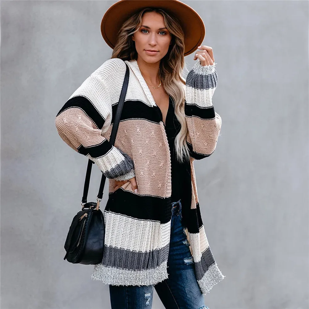 

Cardigan Sweater Women Contrast Colot Panelled Loose Korean Sweater Casual Autumn Winter Knitted Long Coat