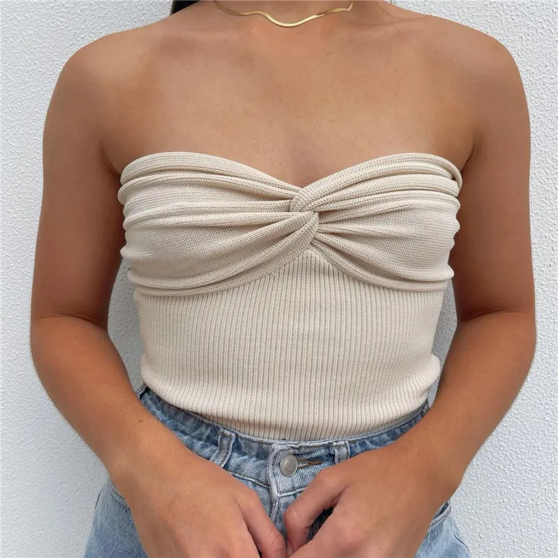 red cami Giyu Knitted Solid Criss-cross Camis Women Bodycon Crop Tops 2022 New Strapless Backless Y2k Top Streetwear Ladies Slim Corests women's bra