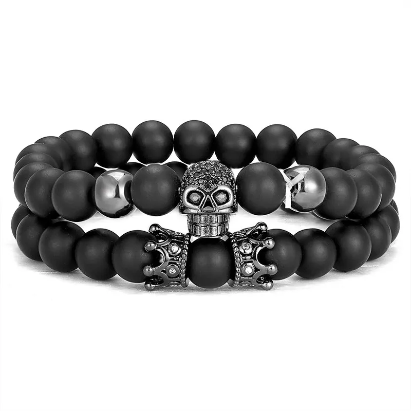 

2 pieces / set of European and American simple unisex bracelet natural stone ghost face bracelet skull devil bracelet jewelry